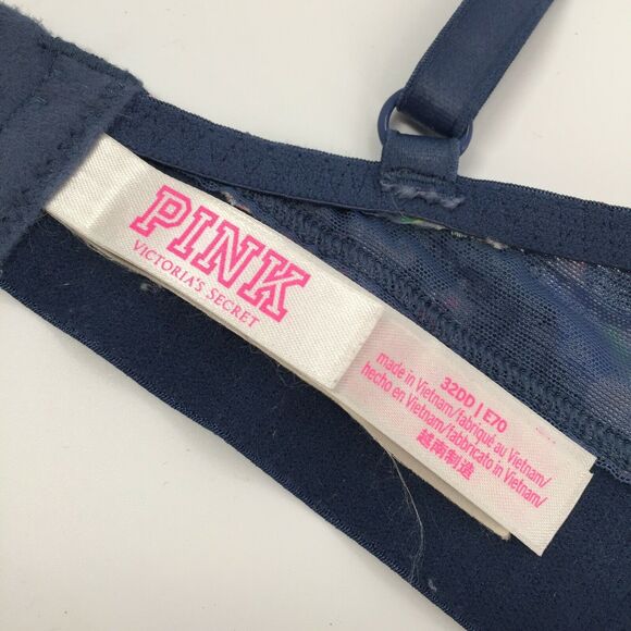 PINK Victoria's Secret Date Push Up Bra 32DD Navy Blue Neon Lace Floral Sexy - Picture 3 of 7